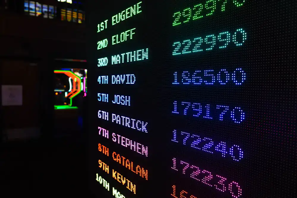 Close up of a classic arcade cabinet screen showing a high score table